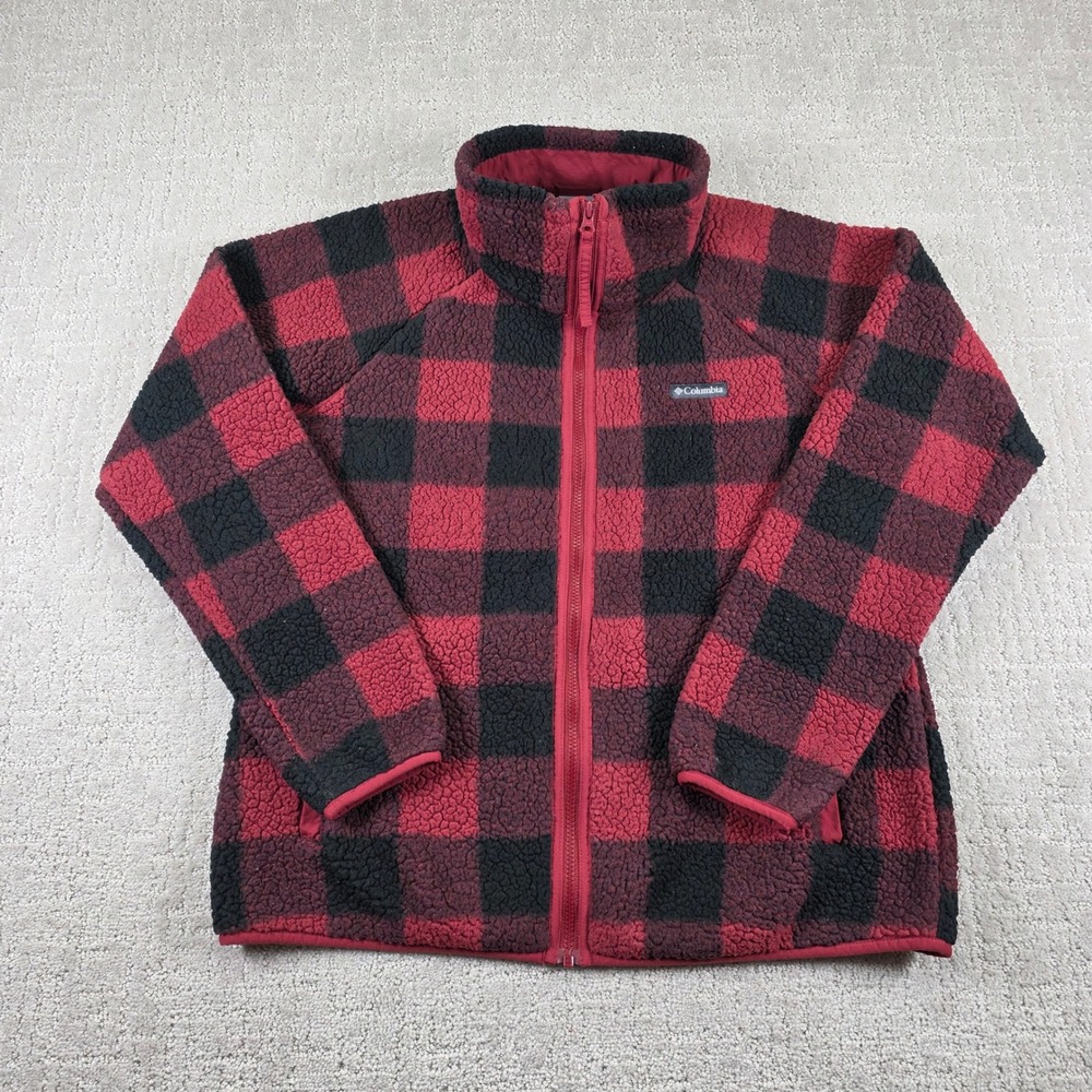Columbia Men Large Red Black Buffalo Plaid Sherpa Fleece Full Zip Jacket Pockets